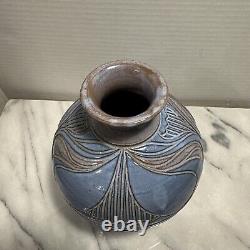 Larry Allen Studio Pottery Blue Vase Incised Art Neuveau Design Vintage 1997