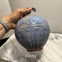 Larry Allen Studio Pottery Blue Vase Incised Art Neuveau Design Vintage 1997