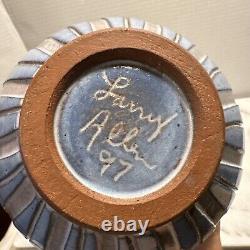 Larry Allen Studio Pottery Blue Vase Incised Art Neuveau Design Vintage 1997