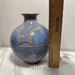 Larry Allen Studio Pottery Blue Vase Incised Art Neuveau Design Vintage 1997