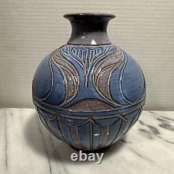 Larry Allen Studio Pottery Blue Vase Incised Art Neuveau Design Vintage 1997