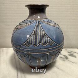 Larry Allen Studio Pottery Blue Vase Incised Art Neuveau Design Vintage 1997