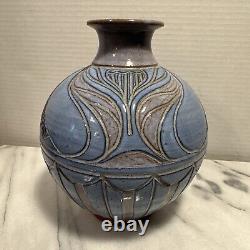Larry Allen Studio Pottery Blue Vase Incised Art Neuveau Design Vintage 1997
