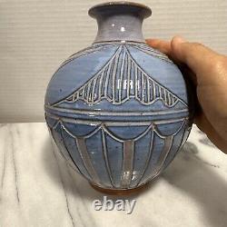 Larry Allen Studio Pottery Blue Vase Incised Art Neuveau Design Vintage 1997