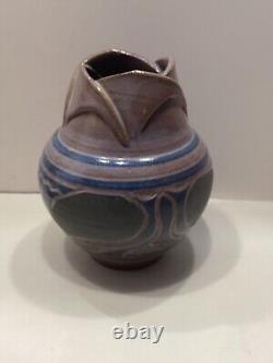 Larry Allen Studio Pottery Blue Vase Incised Art Nouveau Design Vintage 1991