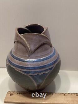 Larry Allen Studio Pottery Blue Vase Incised Art Nouveau Design Vintage 1991