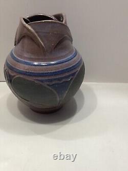 Larry Allen Studio Pottery Blue Vase Incised Art Nouveau Design Vintage 1991