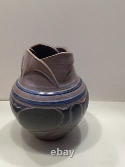 Larry Allen Studio Pottery Blue Vase Incised Art Nouveau Design Vintage 1991