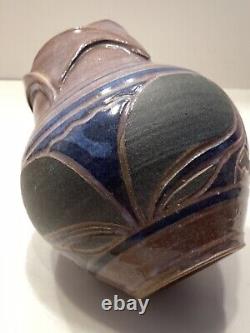 Larry Allen Studio Pottery Blue Vase Incised Art Nouveau Design Vintage 1991