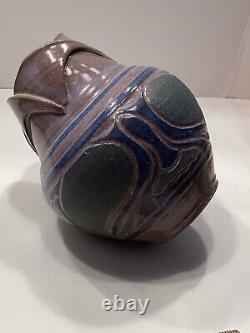 Larry Allen Studio Pottery Blue Vase Incised Art Nouveau Design Vintage 1991