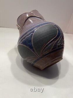 Larry Allen Studio Pottery Blue Vase Incised Art Nouveau Design Vintage 1991