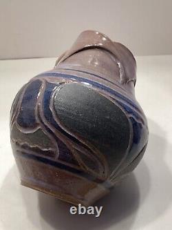 Larry Allen Studio Pottery Blue Vase Incised Art Nouveau Design Vintage 1991