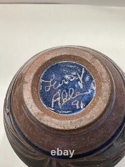 Larry Allen Studio Pottery Blue Vase Incised Art Nouveau Design Vintage 1991
