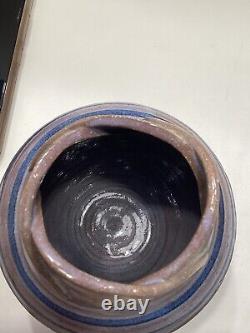 Larry Allen Studio Pottery Blue Vase Incised Art Nouveau Design Vintage 1991