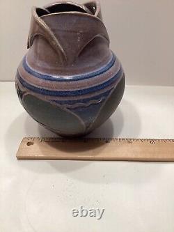 Larry Allen Studio Pottery Blue Vase Incised Art Nouveau Design Vintage 1991