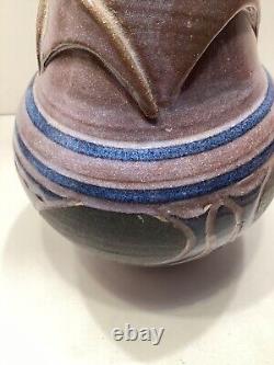Larry Allen Studio Pottery Blue Vase Incised Art Nouveau Design Vintage 1991