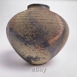 Leslie Jay Orenstein Studio Pottery Raku Round Vase Large 10.5h Chicago Vintage