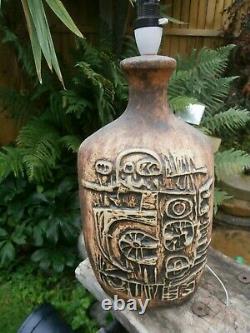 Lg Retro Vintage 70's Peter Ellery Tremaen Art Pottery Mayan Design Lamp Base