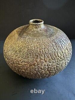 MCM Raku Art Pottery Vase Vessel Signed Copper Sodium Silicate Round Large Decor