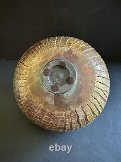 MCM Raku Art Pottery Vase Vessel Signed Copper Sodium Silicate Round Large Decor