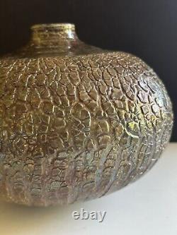 MCM Raku Art Pottery Vase Vessel Signed Copper Sodium Silicate Round Large Decor