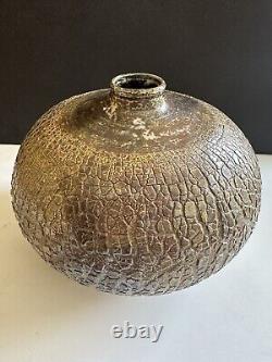 MCM Raku Art Pottery Vase Vessel Signed Copper Sodium Silicate Round Large Decor