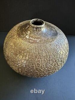 MCM Raku Art Pottery Vase Vessel Signed Copper Sodium Silicate Round Large Decor
