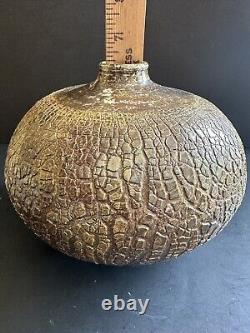 MCM Raku Art Pottery Vase Vessel Signed Copper Sodium Silicate Round Large Decor