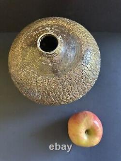MCM Raku Art Pottery Vase Vessel Signed Copper Sodium Silicate Round Large Decor