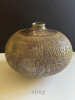 MCM Raku Art Pottery Vase Vessel Signed Copper Sodium Silicate Round Large Decor