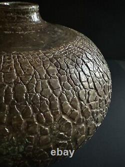 MCM Raku Art Pottery Vase Vessel Signed Copper Sodium Silicate Round Large Decor