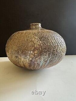 MCM Raku Art Pottery Vase Vessel Signed Copper Sodium Silicate Round Large Decor