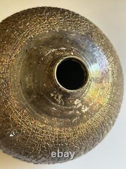 MCM Raku Art Pottery Vase Vessel Signed Copper Sodium Silicate Round Large Decor