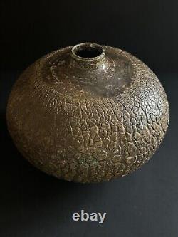 MCM Raku Art Pottery Vase Vessel Signed Copper Sodium Silicate Round Large Decor