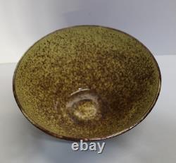MCM Vintage 1954 Abraham Cohn Studio Art Pottery Bowl Dark Brown & Yellow Signed