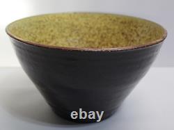 MCM Vintage 1954 Abraham Cohn Studio Art Pottery Bowl Dark Brown & Yellow Signed