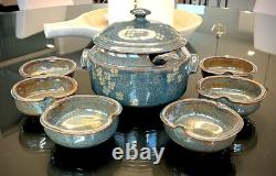 MCM Vintage Studio Pottery Stoneware Soup Tureen Ladle 6 Bowl Set Stamped