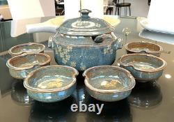 MCM Vintage Studio Pottery Stoneware Soup Tureen Ladle 6 Bowl Set Stamped