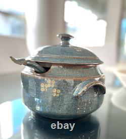 MCM Vintage Studio Pottery Stoneware Soup Tureen Ladle 6 Bowl Set Stamped