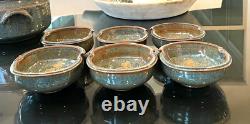 MCM Vintage Studio Pottery Stoneware Soup Tureen Ladle 6 Bowl Set Stamped