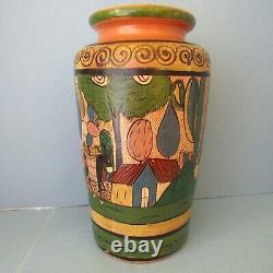 MEXICAN POTTERY Vase Tlaquepaque Vintage Folk Arts Crafts Studio Scenic 11.5