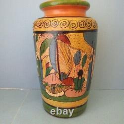 MEXICAN POTTERY Vase Tlaquepaque Vintage Folk Arts Crafts Studio Scenic 11.5