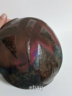 Marty Marcus Raku studio pottery vase geometric design fireworks iridescent