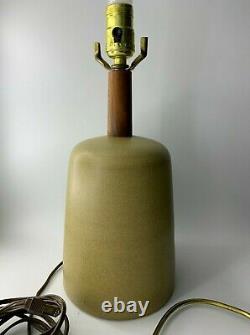 Martz Marshall Studios Pottery & Walnut Lamp Olive Pastel Green -Vintage MCM