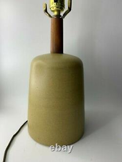 Martz Marshall Studios Pottery & Walnut Lamp Olive Pastel Green -Vintage MCM