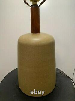 Martz Marshall Studios Pottery & Walnut Lamp Olive Pastel Green -Vintage MCM