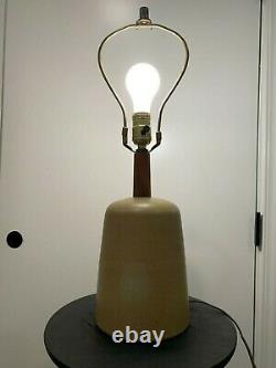 Martz Marshall Studios Pottery & Walnut Lamp Olive Pastel Green -Vintage MCM