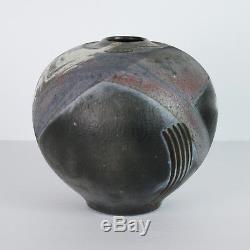 Mid Century RAKU Vase Studio Pottery Abstract Black Purple Pot 1989 Vtg