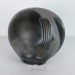 Mid Century RAKU Vase Studio Pottery Abstract Black Purple Pot 1989 Vtg