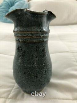 Mid Century Vintage Signed Studio Art Pottery Pot Weed Vase Blue etched